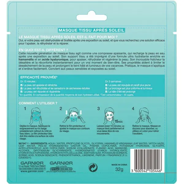 Masque Tissu Après-Soleil Ultra Hydratant/Régénérant Ambre Solaire ( Packaging Allemand ) de Garnier Garnier 0,73&nbsp;€
