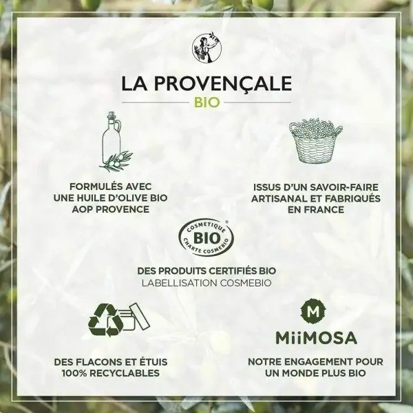 Krema hidratatzaile distiratsua Aurpegiko zainketa Oliba-olio organiko ziurtatutako AOC Provence La Provençale-tik La