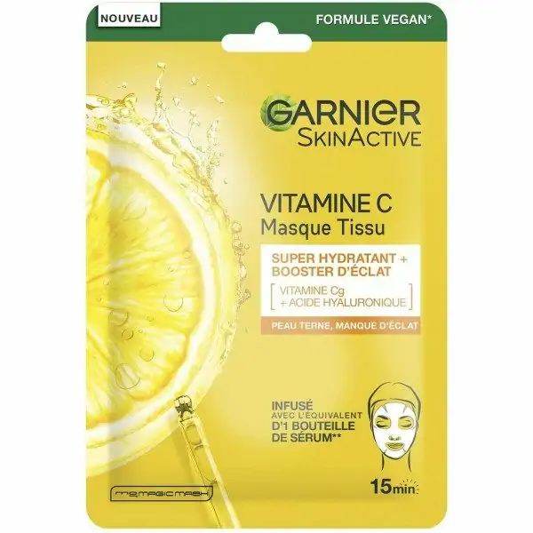 Glow Booster Mascarilla Hidratante en Hoja Enriquecida con Vitamina C y Ácido Hialurónico Fórmula Vegana de Garnier Garnier