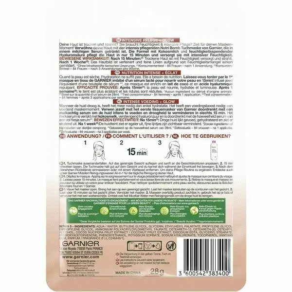 Mascarilla Nutri Bomb Intense Nutrition + Radiance Sheet con Leche de Coco y Ácido Hialurónico de Garnier Garnier 2,88 €