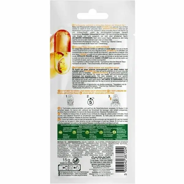 Masque Tissu Ampoule Anti-Fatigue Vitamine C & Extrait d'Ananas Formule Vegan de Garnier SkinActive Garnier 2,00 €