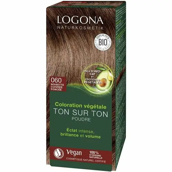 060 Avellana de coure fosc - Color de cabell a base d'herbes permanent To sobre to Pols de henna orgànica i vegana de LOGONA