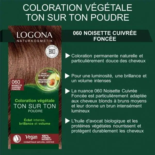 060 Avellana de coure fosc - Color de cabell a base d'herbes permanent To sobre to Pols de henna orgànica i vegana de LOGONA