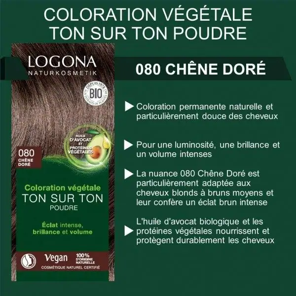 080 Golden Oak - Color de cabell a base d'herbes permanent To sobre to Pols de henna orgànica i vegana de LOGONA LOGONA