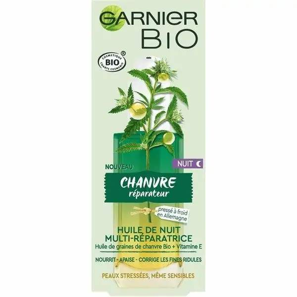 Huile de Nuit Multi-Réparatrice Visage Au Chanvre Nourrissant & Vitamine E de Garnier Bio Garnier 6,50 €