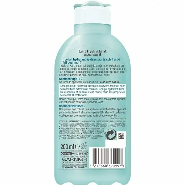 Lait Hydratant Apaisant Après Soleil à L'Aloe Vera de Garnier Ambre Solaire Garnier 5,22 €