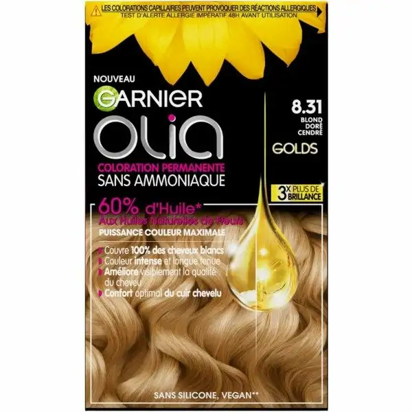 8.31 Biondo cenere dorato - Colore permanente per capelli senza ammoniaca con oli di fiori naturali Olia di Garnier Garnier