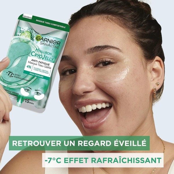 Parches para ojos en gel antifatiga Hyaluron CyoJelly con efecto refrescante de ácido hialurónico vegano de Garnier