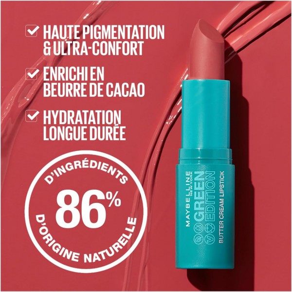 018 Musk - Lápiz labial satinado y pigmentado con manteca de cacao Crema de manteca Edición vegana verde de Maybelline New York