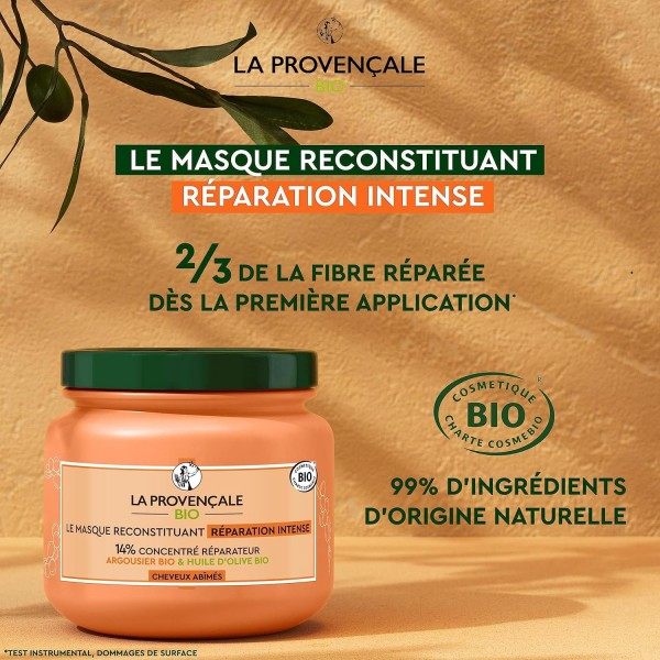 Maschera riparatrice intensiva ricostituente all'olivello spinoso e olio d'oliva biologico AOP Provence per capelli danneggiati