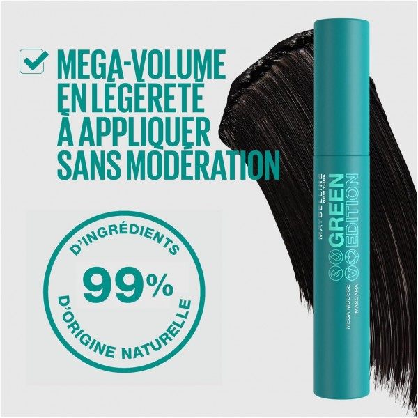 Blackest Black - Máscara de pestañas enriquecida con manteca de karité Mega Mousse edición verde de Maybelline New-York