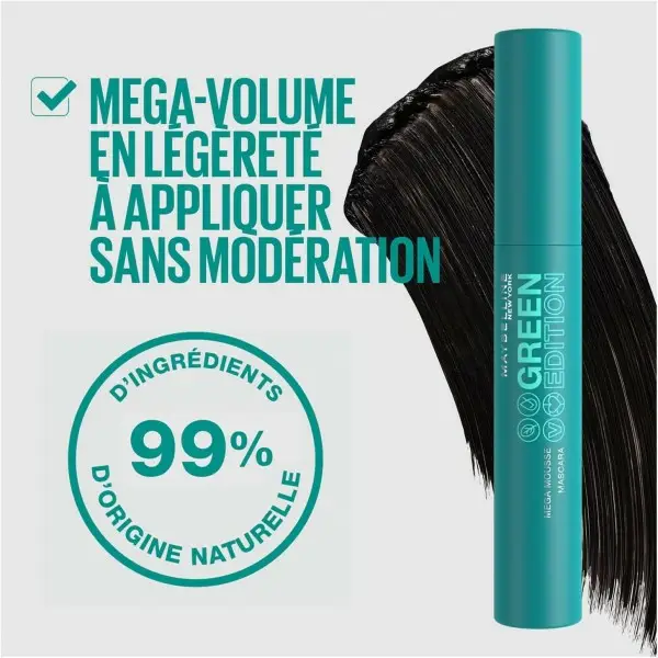 Blackest Black - Mascara Volume Enrichi en Beurre de Karité Green Edition Mega Mousse de Maybelline New-York Maybelline 6,00&nbsp;€