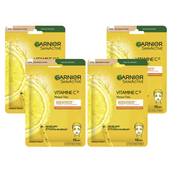 Lot de 4 Masques Tissus Visage Hydratant Vitamine C Acide Hyaluronique Booster d'Eclat Skin Active de GARNIER Garnier 7,00&nbsp;€