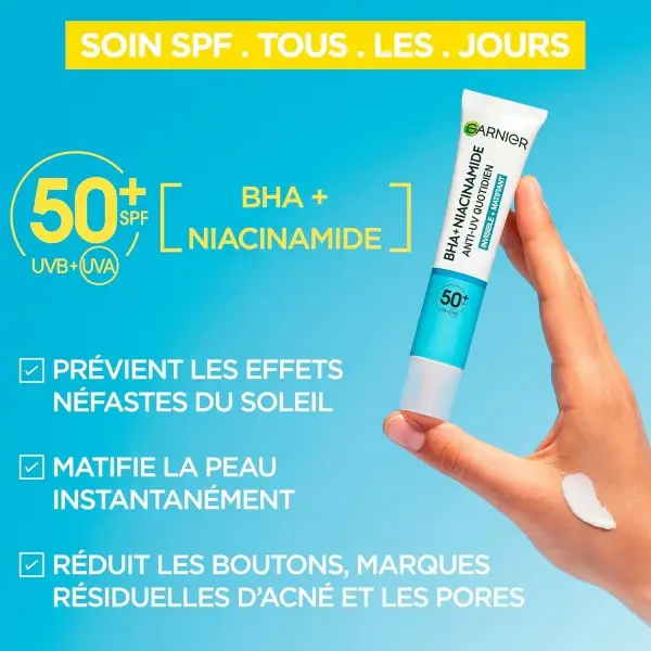 Fluido Matificante Diario Anti-UV y Anti-imperfecciones - SPF 50+ - Enriquecido con BHA y Niacinamida de GARNIER SkinActive
