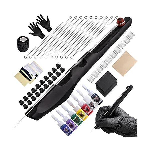Hawink Hand Poke a Stick Tattoo Kit Kit doutils de tatouage DIY Kit avec 7 encres 20 PCS Aiguilles GK-HW803TN01-1 Tatouage