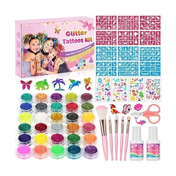 Kit Tatouage Paillettes, 30 Couleurs Tatouage Temporaire Enfant mit 139 Pochoirs Tatouage, 4 Feuilles Autocollants de Tatouag