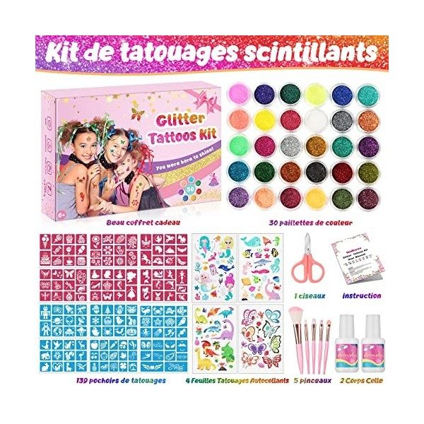 Kit Tatouage Paillettes, 30 Couleurs Tatouage Temporaire Enfant mit 139 Pochoirs Tatouage, 4 Feuilles Autocollants de Tatouag