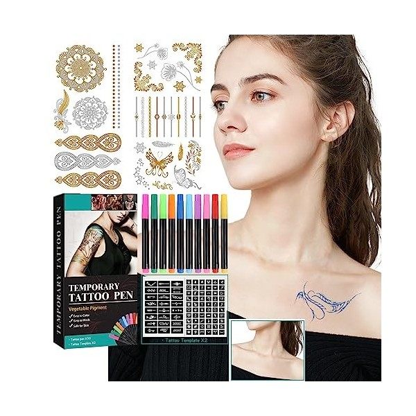 Marqueurs de tatouage temporaires pour la peau,Tatouage Temporaire Stylo Tatouage avec10 Stylos Tatouage et pochoirs de tatou