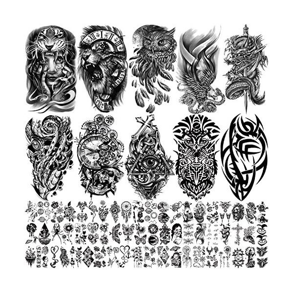 70 Feuilles Tatouage Temporaire Tribal Totem Lion Dragon Hibou Aigle Serpent Demi Bras Tatouages pour Hommes, Tatouages Tempo