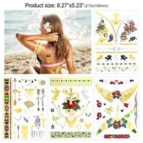Tatouages temporaires pour femme sexy 14 feuilles , Konsait Faux Tatouages Temporaires Tattoos Étanche Métalliques Brillants