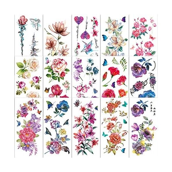 Qpout 15 Feuilles Tatouages Temporaires de Fleurs pour femmes/filles, tatouages temporaires de roses réalistes, demi-manches 