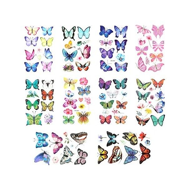 KINBOM 10 Feuilles 99pcs Tatouage Temporaire Papillon, Colorés Autocollant Tatouage Papillon 3d pour Filles Femmes Maquilla