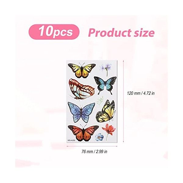 KINBOM 10 Feuilles 99pcs Tatouage Temporaire Papillon, Colorés Autocollant Tatouage Papillon 3d pour Filles Femmes Maquilla