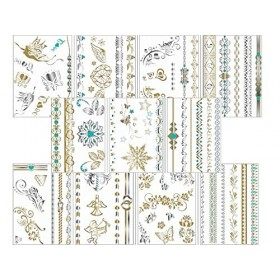Lot de 11 feuilles de tatouages temporaires métallisés doré argenté turquoise Tatouage