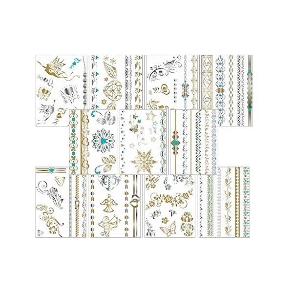 Lot de 11 feuilles de tatouages temporaires métallisés doré argenté turquoise Tatouage