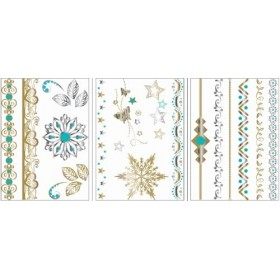 Lot de 11 feuilles de tatouages temporaires métallisés doré argenté turquoise Tatouage