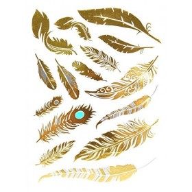 15 Tatouages éphémères métallique Waterproof -Tatoo temporaire Or - Bijou de Peau Plume Turquoise Tatouage