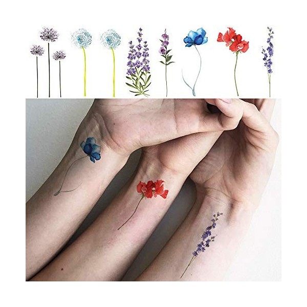 COKTAK 12 Feuilles Petit Aquarelle Lavande Tatouage Ephemere Femme Coloré Fleur De Pois Senteur Gloire Du Matin Faux Tatouage