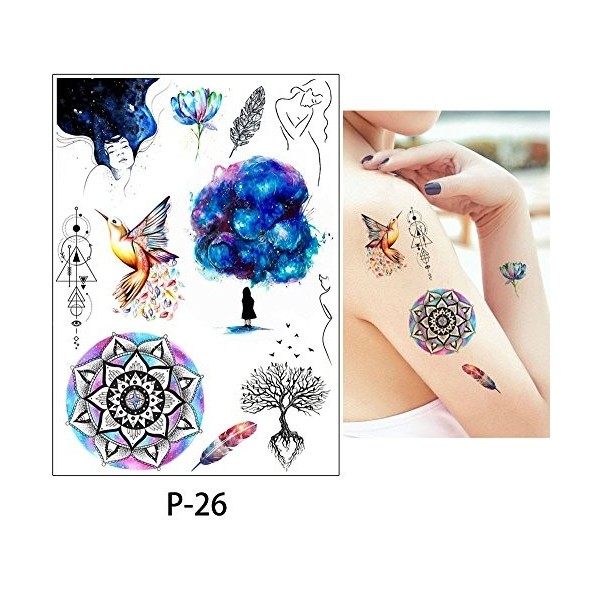 Lot de 4 feuilles de tatouages à fleurs - Motif attrape-rêves - Tatouages oiseaux - Couleur Dream