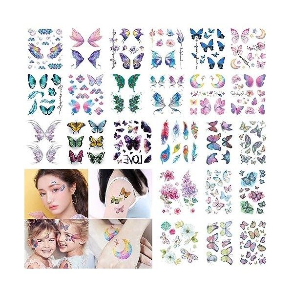 Bikasun 24 feuilles Tatouage Temporaire Papillon, Tatouage Temporaire Femme Papillon Tatouage Papillon Fleur Femme Colorés Im