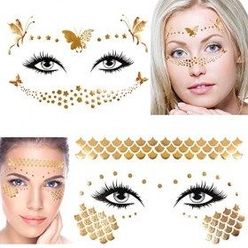 23 Feuilles Métal Tatouages ​​Temporaires, Tatouages ​​Métalliques Imperméables, Tatouage Visage Maquillage Flash Dor, Faux ...