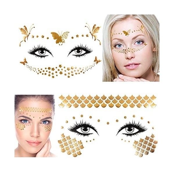 23 Feuilles Métal Tatouages ​​Temporaires, Tatouages ​​Métalliques Imperméables, Tatouage Visage Maquillage Flash Dor, Faux ...