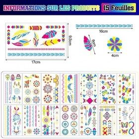 ZYNERY 15 Grands Feuilles Néon Tatouages Temporaires, Tatouages Néon Imperméables, Lueur UV Tatouages Éphémères, Faux Tatouag