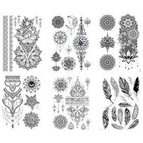 Lot de 6 feuilles de tatouages à plume mandala Kira 6 Tatouage