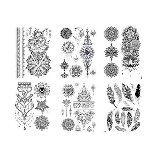 Lot de 6 feuilles de tatouages à plume mandala Kira 6 Tatouage