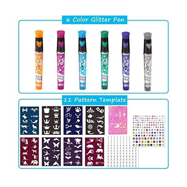 Stylos Gel à Paillettes Tatouage Kit 6pcs Tatouage Paillette Enfant Stylo Paillette Enfant Parfait pour les Tenues de Fête de