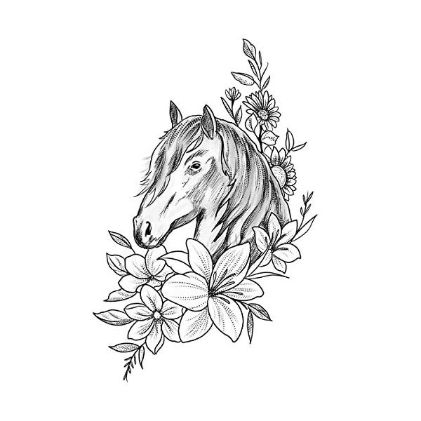 Tatouage Éphémère cheval et fleurs - 1 Feuille d1 faux tattoo animal | Bras, épaule, dos, mollet, cuisse, jambe | Noir | Tat