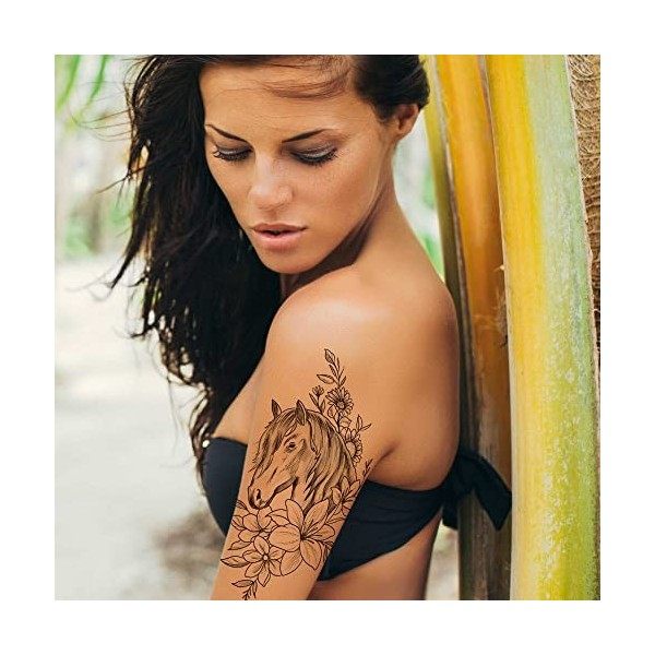 Tatouage Éphémère cheval et fleurs - 1 Feuille d1 faux tattoo animal | Bras, épaule, dos, mollet, cuisse, jambe | Noir | Tat ...