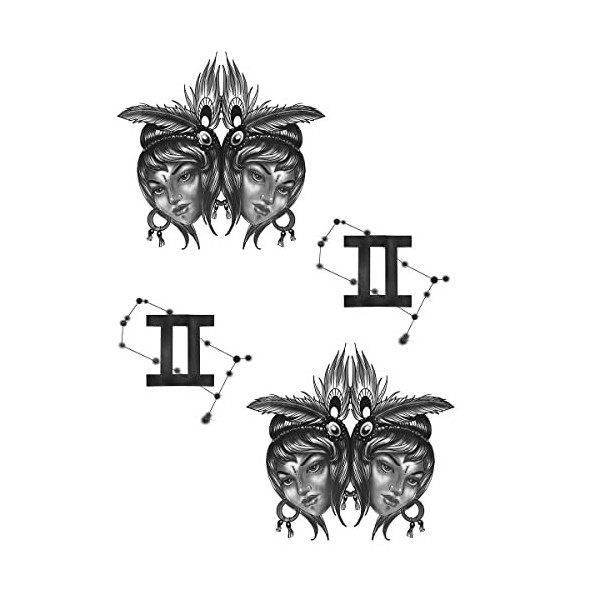 Tatouage Éphémère Signe astrologique gémeaux - 1 Feuille de faux tattoos astro | Bras, épaule, dos, cuisse, jambe | Noir | Ta...