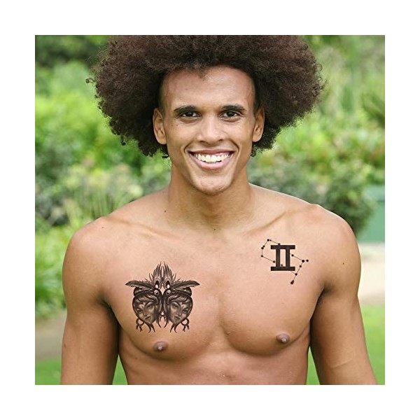 Tatouage Éphémère Signe astrologique gémeaux - 1 Feuille de faux tattoos astro | Bras, épaule, dos, cuisse, jambe | Noir | Ta...