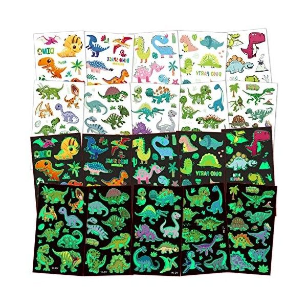 AOMIG Tatouage Temporaire pour Enfant, 10 Feuilles Dinosaures Mignons lumineux Tatouage Ephémère Kit Tatoo, Fournitures de Fê