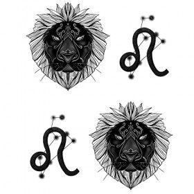 Tatouage Éphémère Signe astrologique lion - 1 Feuille de faux tattoos lion | Bras, épaule, dos, mollet, cuisse, jambe | Noir ...