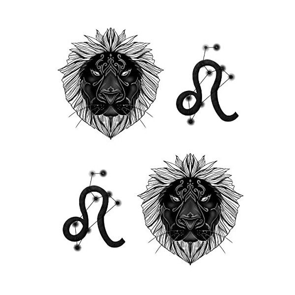 Tatouage Éphémère Signe astrologique lion - 1 Feuille de faux tattoos lion | Bras, épaule, dos, mollet, cuisse, jambe | Noir 
