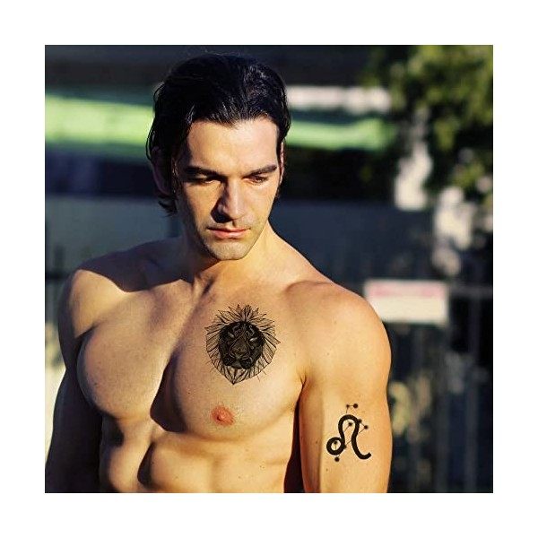 Tatouage Éphémère Signe astrologique lion - 1 Feuille de faux tattoos lion | Bras, épaule, dos, mollet, cuisse, jambe | Noir ...