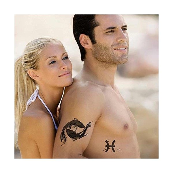 Tatouage Éphémère Signe astrologique poisson - 1 Feuille de faux tattoo | Bras, épaule, dos, mollet, cuisse, jambe | Noir | T...