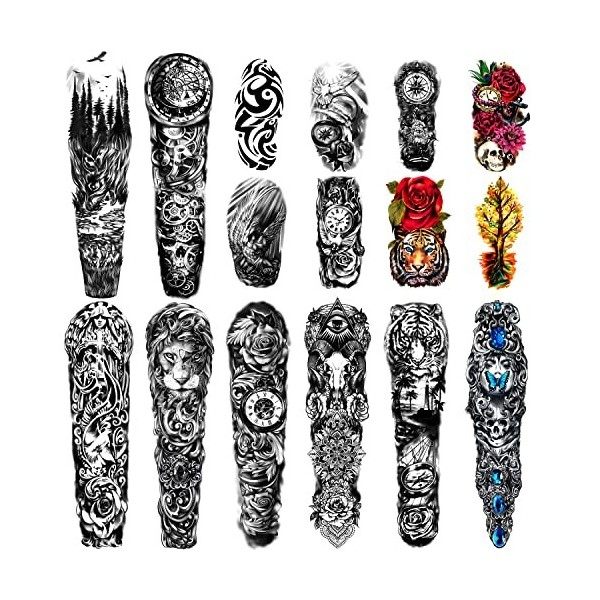 Tatouages temporaires imperméables extra larges 8 feuilles bras pleins faux tatouages et 8 feuilles demi-bras autocollants de